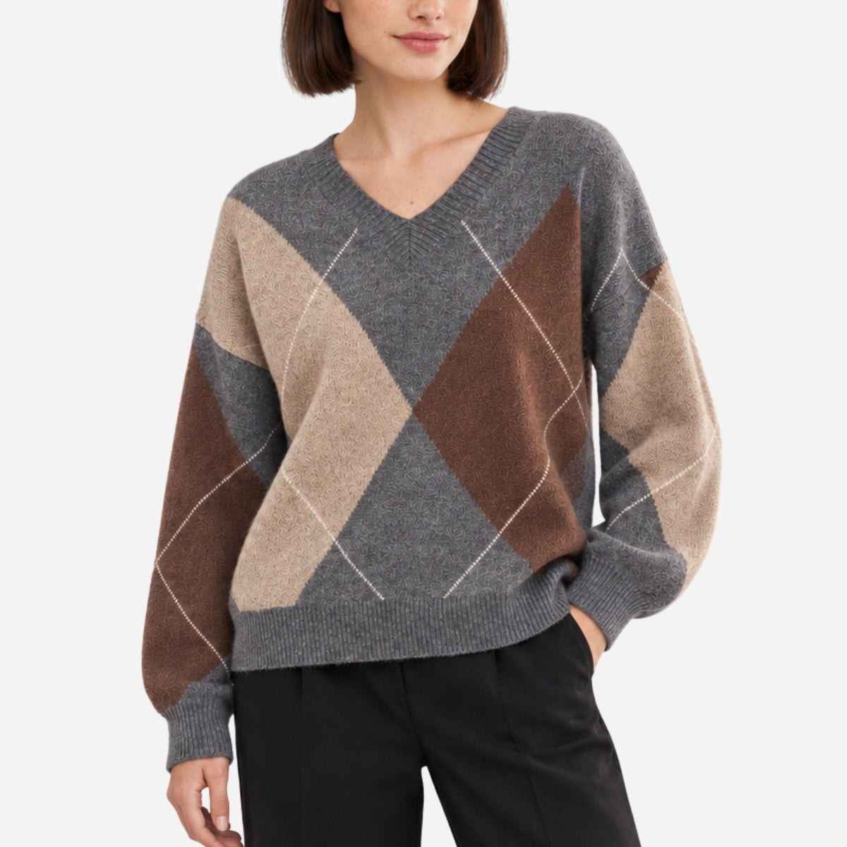 Women’s Argyle Crew-Neck Knitted Jumper-Fowsa