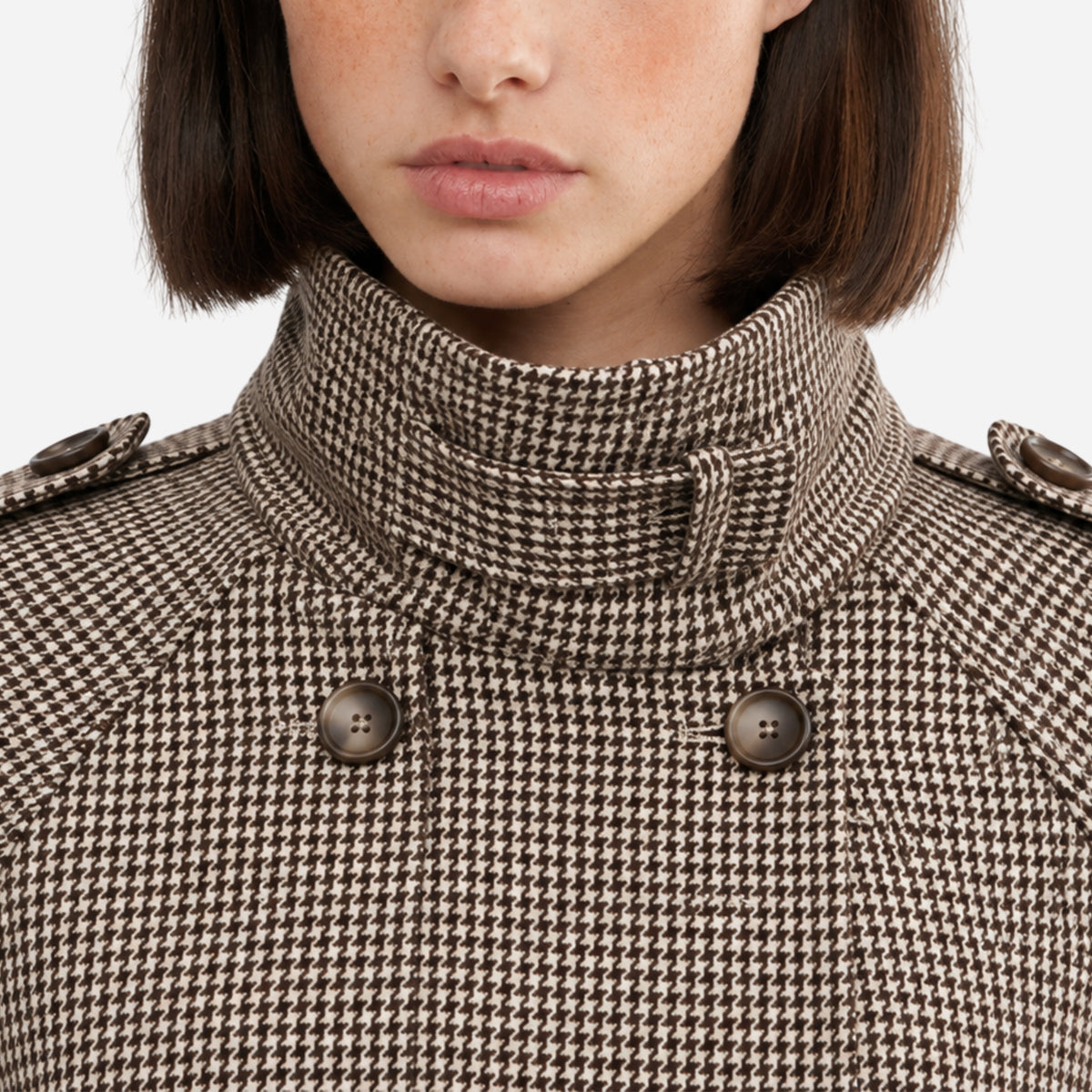 Women's Asymmetric Houndstooth High-Collar Wool Coat-Fowsa