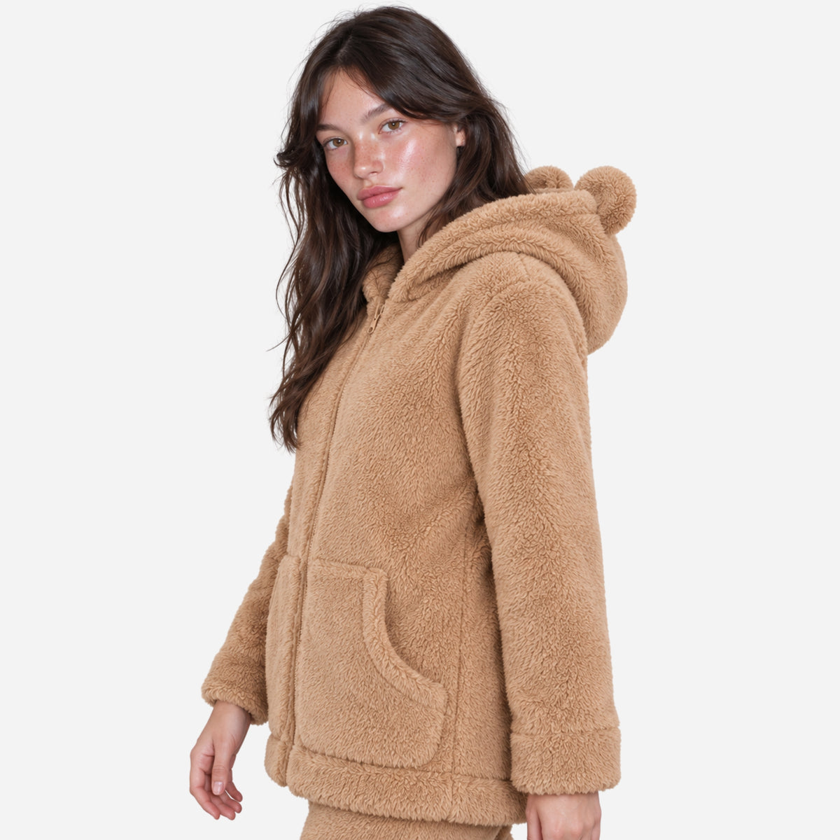 Women's Bear-Ear Hooded Teddy Coat-Fowsa