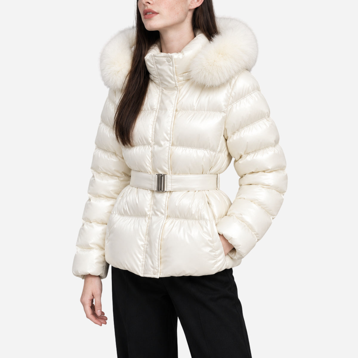 Women’s Belted Soft-Trim Hooded Puffer Jacket-Fowsa