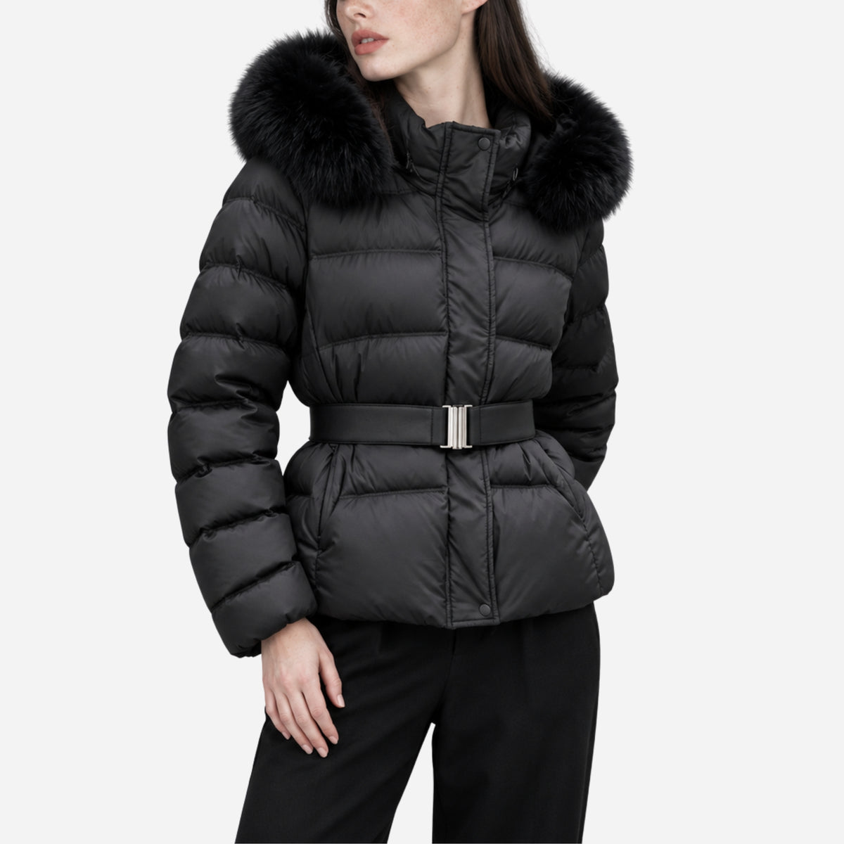 Women’s Belted Soft-Trim Hooded Puffer Jacket-Fowsa