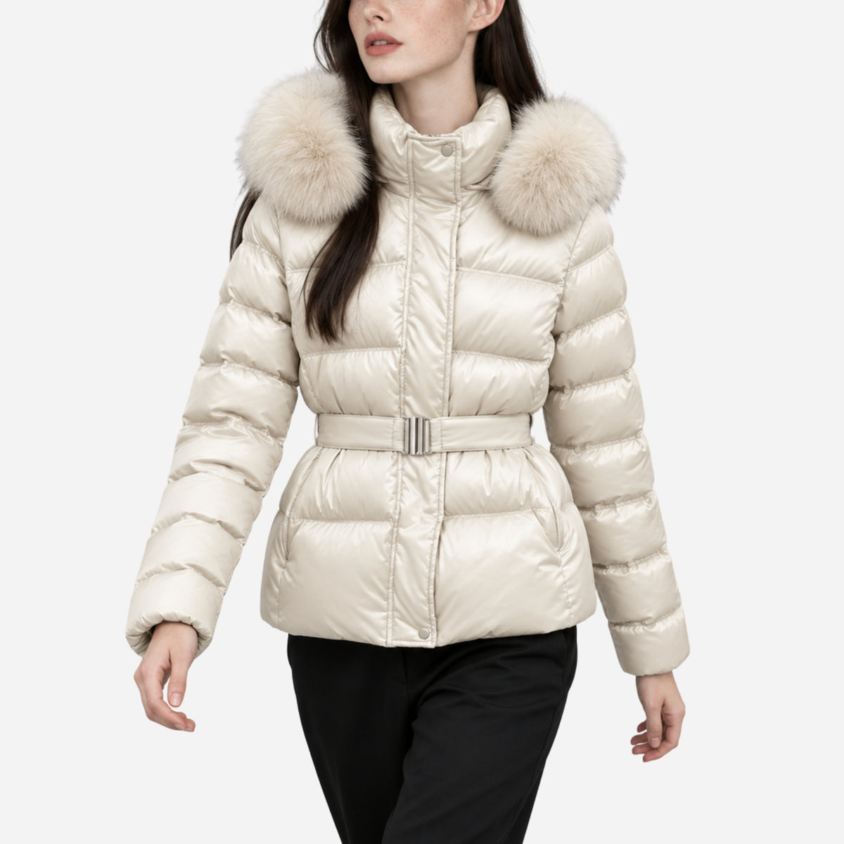Women’s Belted Soft-Trim Hooded Puffer Jacket-Fowsa