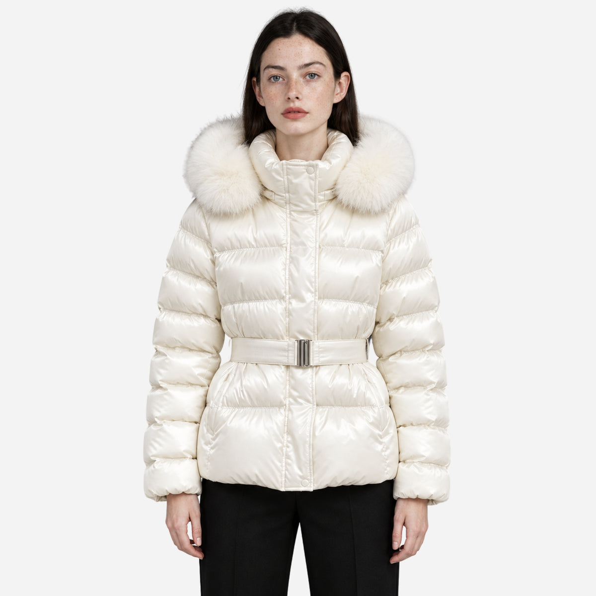 Women’s Belted Soft-Trim Hooded Puffer Jacket-Fowsa