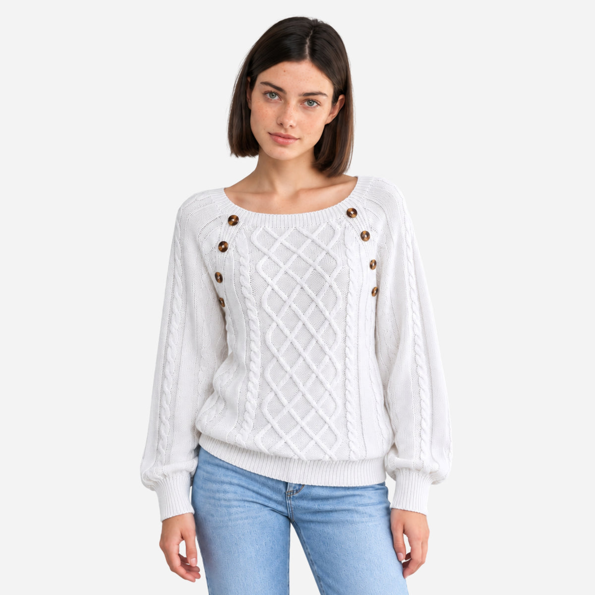 Women’s Button-Detail Cable-Knit Jumper-Fowsa