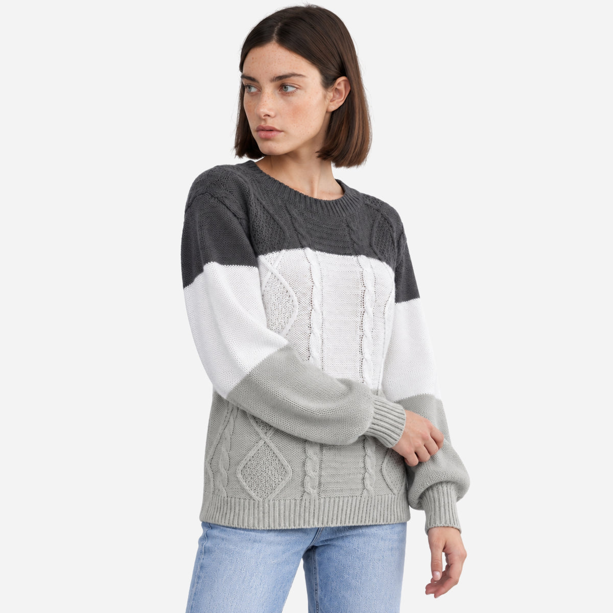 Women’s Cable-Knit Colour-Block Crew-Neck Jumper-Fowsa