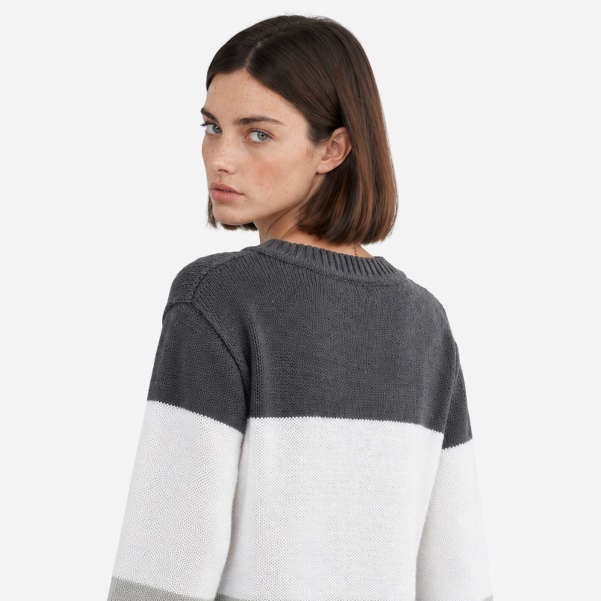Women’s Cable-Knit Colour-Block Crew-Neck Jumper-Fowsa