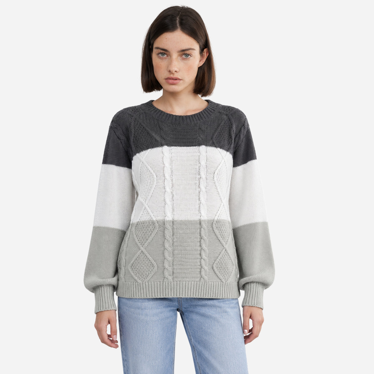 Women’s Cable-Knit Colour-Block Crew-Neck Jumper-Fowsa