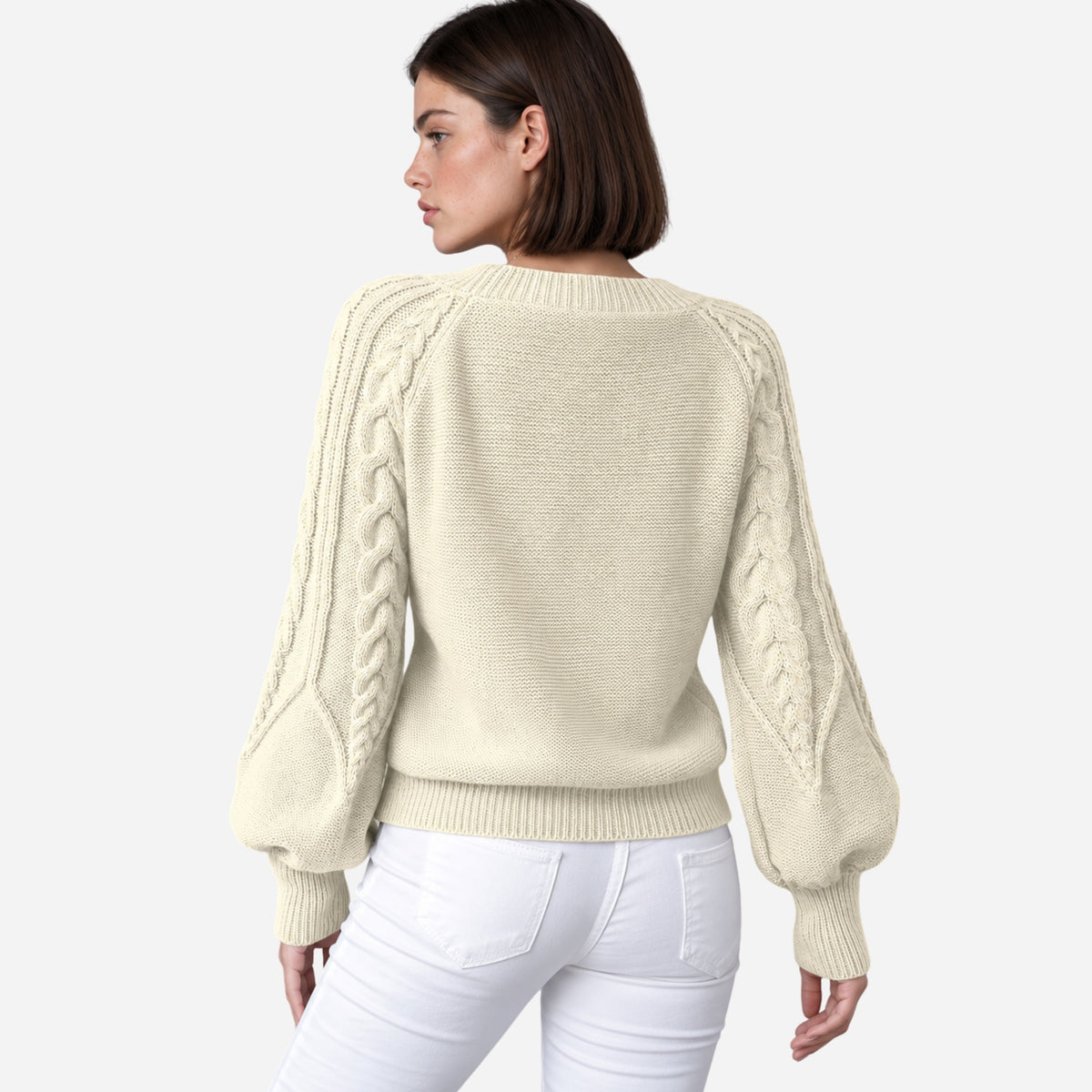 Women’s Cable-Knit Lantern Sleeve Jumper-Fowsa