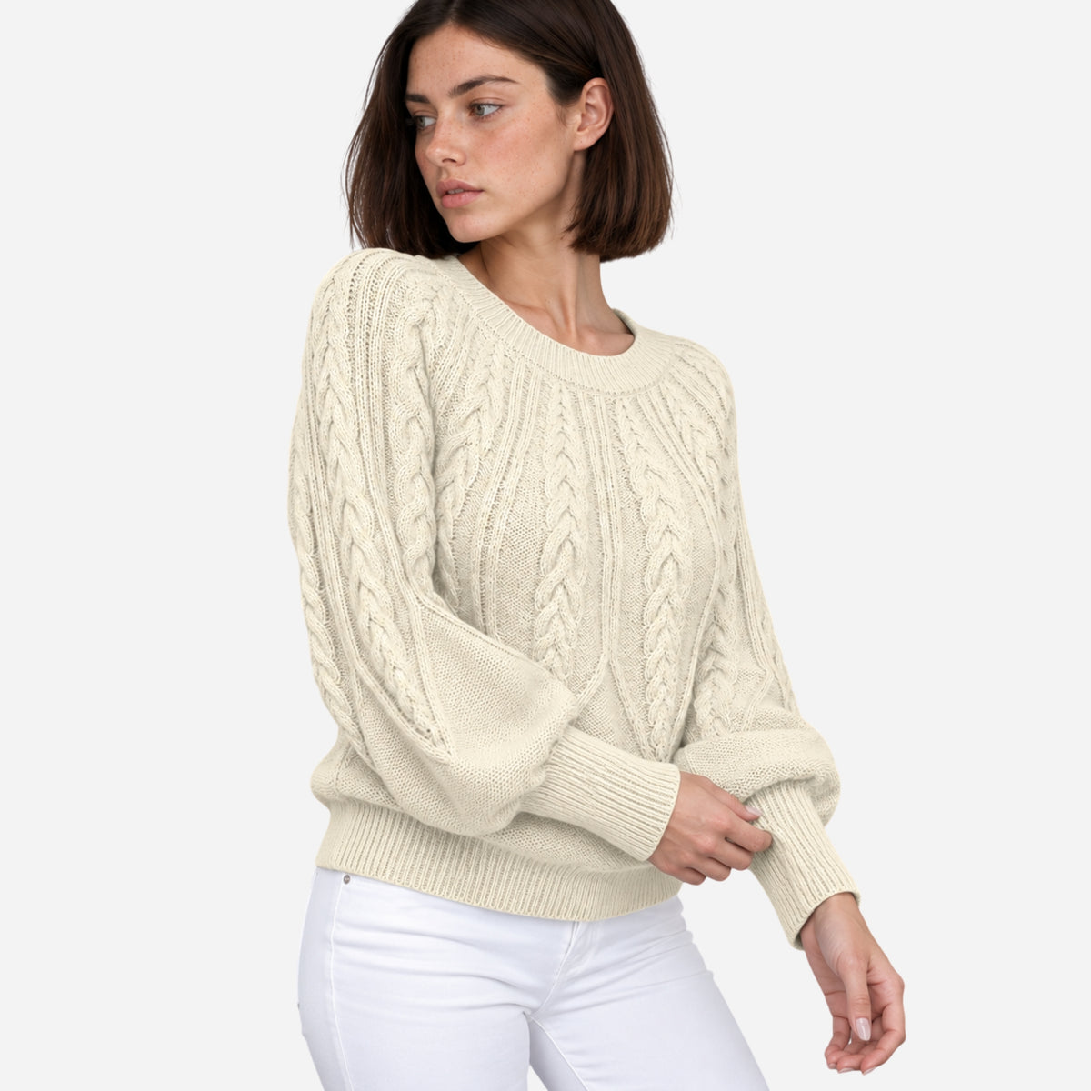 Women’s Cable-Knit Lantern Sleeve Jumper-Fowsa
