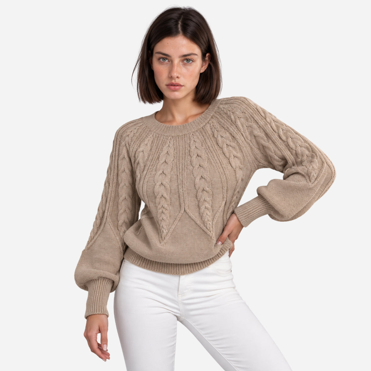 Women’s Cable-Knit Lantern Sleeve Jumper-Fowsa