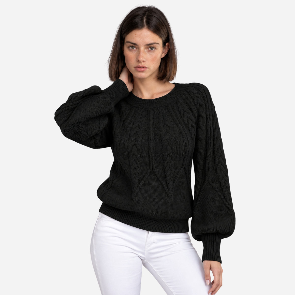 Women’s Cable-Knit Lantern Sleeve Jumper-Fowsa