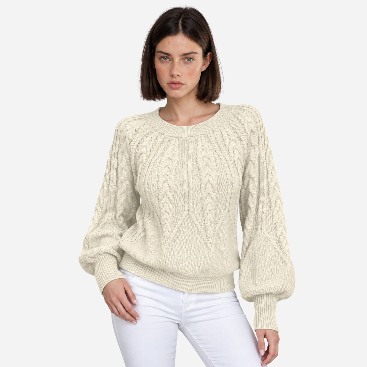 Women’s Cable-Knit Lantern Sleeve Jumper-Fowsa