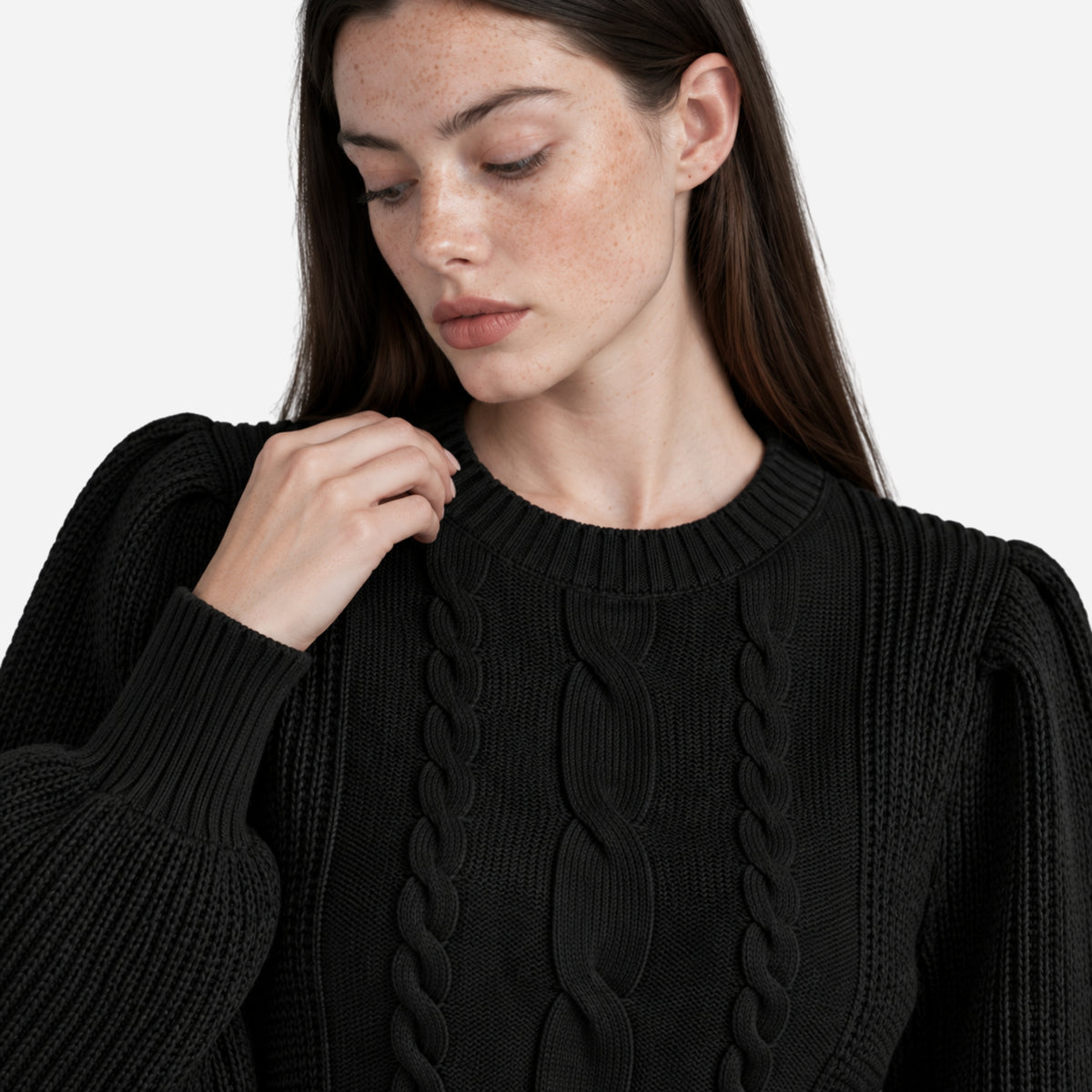 Women’s Cable-Knit Puff Sleeve Jumper-Fowsa