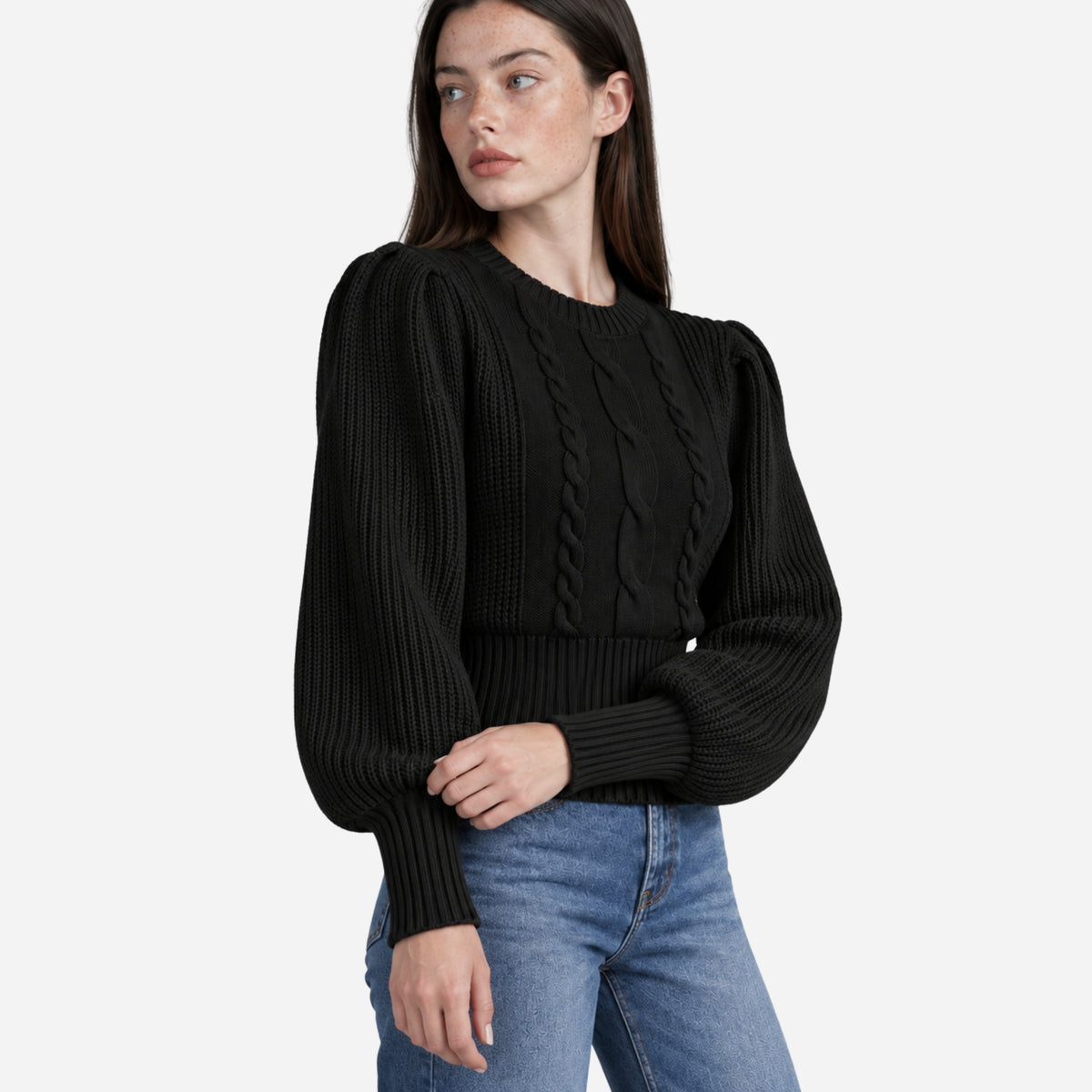 Women’s Cable-Knit Puff Sleeve Jumper-Fowsa
