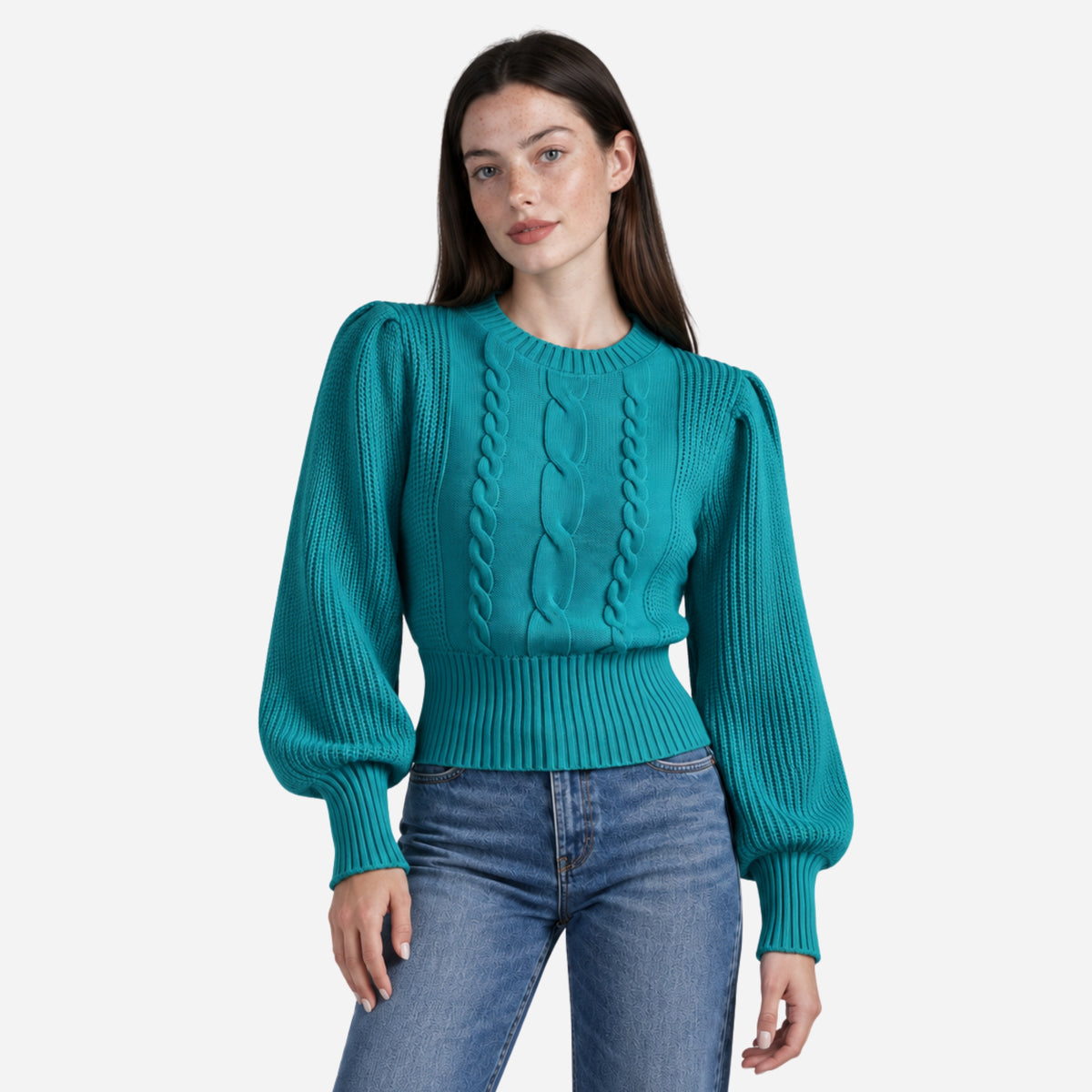 Women’s Cable-Knit Puff Sleeve Jumper-Fowsa