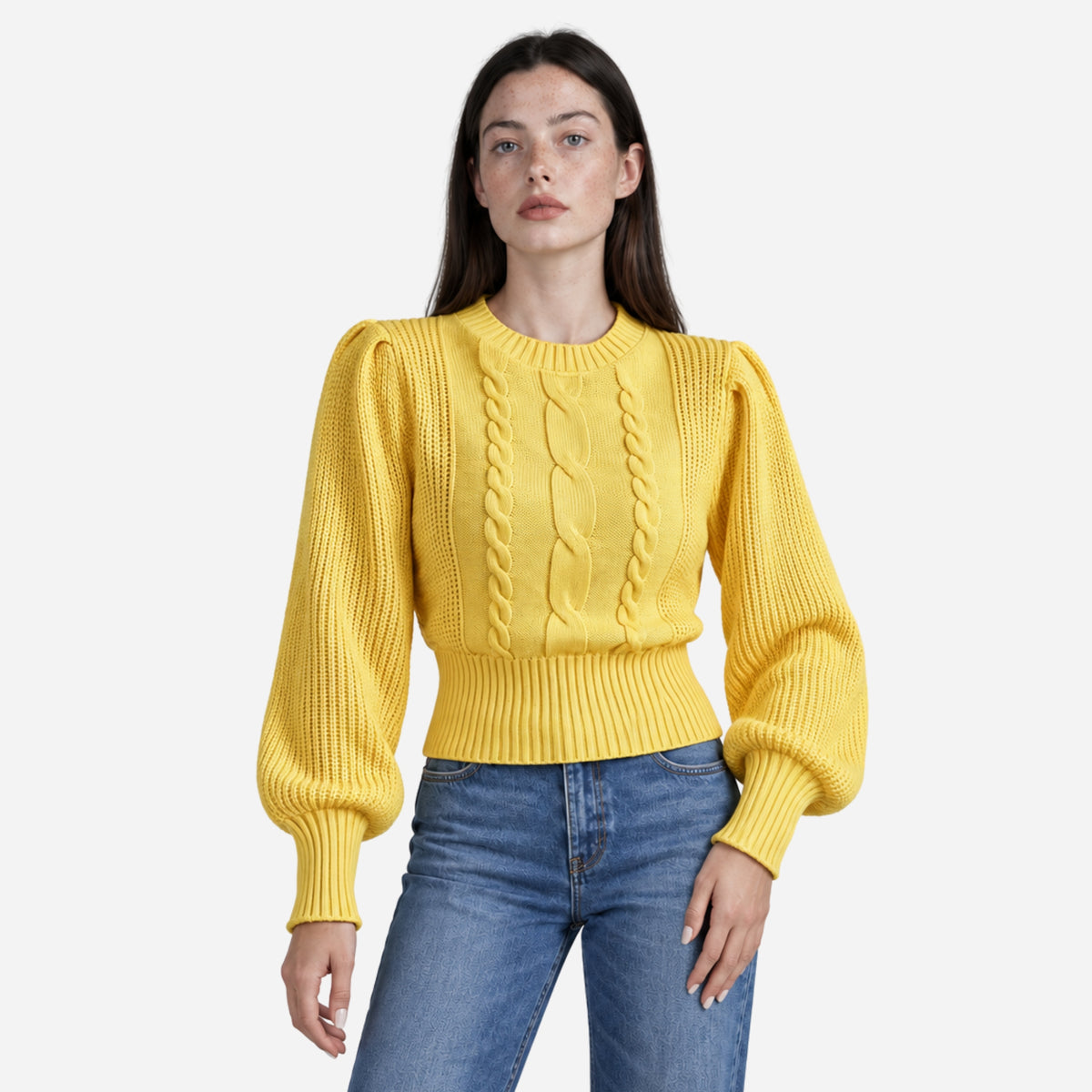 Women’s Cable-Knit Puff Sleeve Jumper-Fowsa