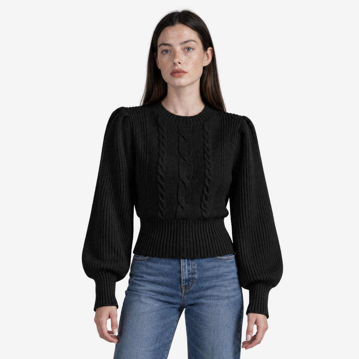 Women’s Cable-Knit Puff Sleeve Jumper-Fowsa
