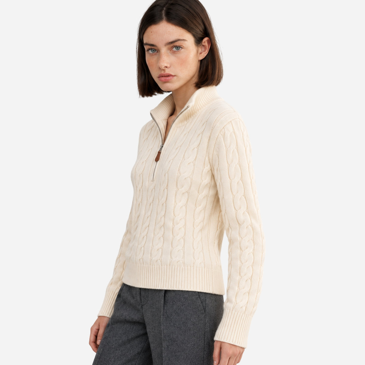 Women’s Cable-Knit Quarter-Zip High-Neck Jumper-Fowsa