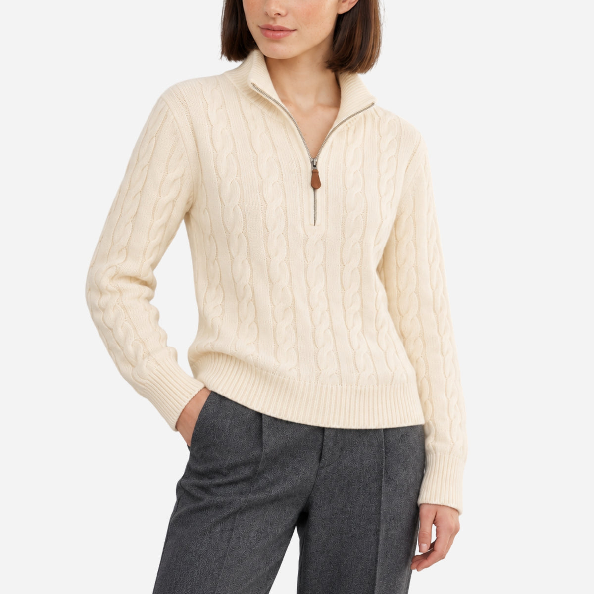 Women’s Cable-Knit Quarter-Zip High-Neck Jumper-Fowsa