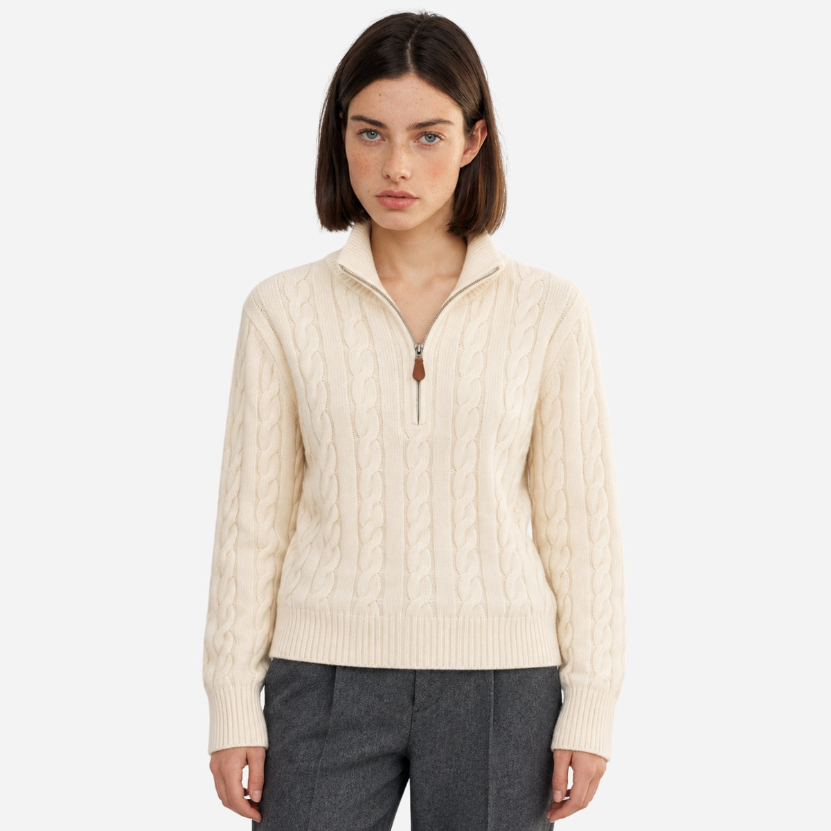 Women’s Cable-Knit Quarter-Zip High-Neck Jumper-Fowsa
