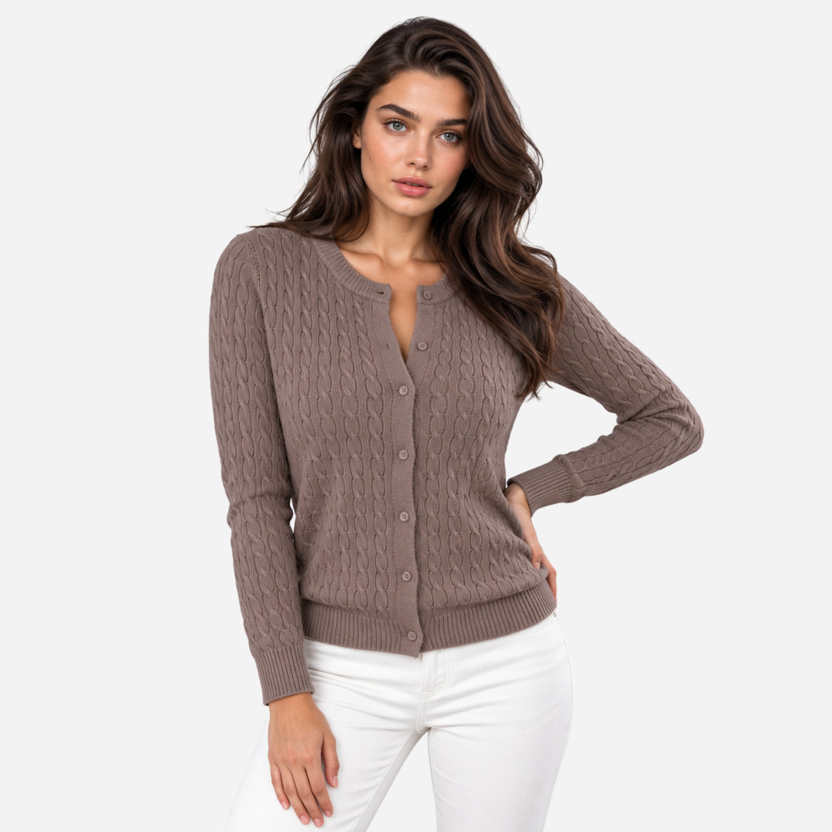 Women’s Cable-Knit Round Neck Cardigan Jumper-Fowsa