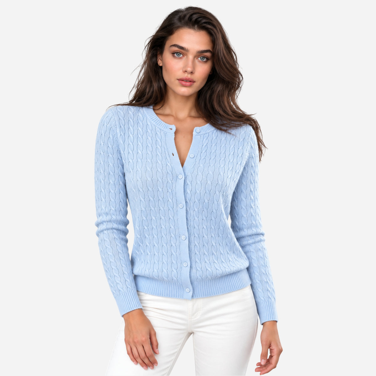 Women’s Cable-Knit Round Neck Cardigan Jumper-Fowsa