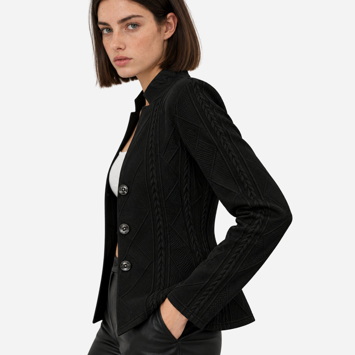 Women’s Cable-Knit Single-Breasted Blazer Jacket-Fowsa
