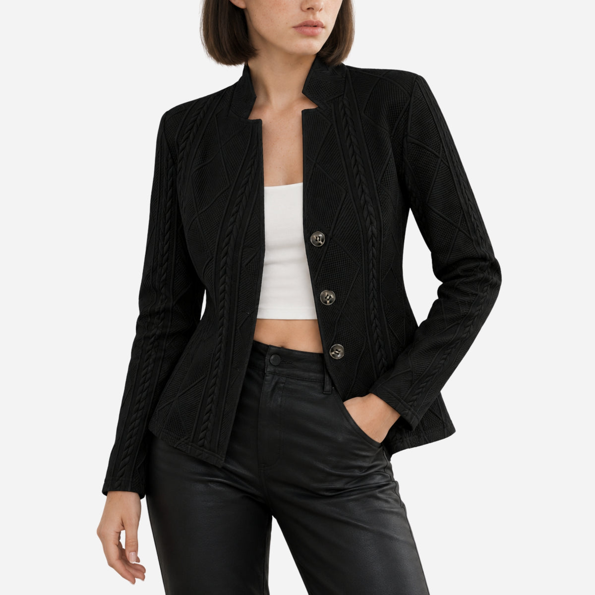 Women’s Cable-Knit Single-Breasted Blazer Jacket-Fowsa