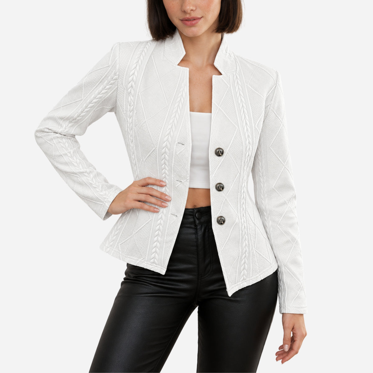 Women’s Cable-Knit Single-Breasted Blazer Jacket-Fowsa