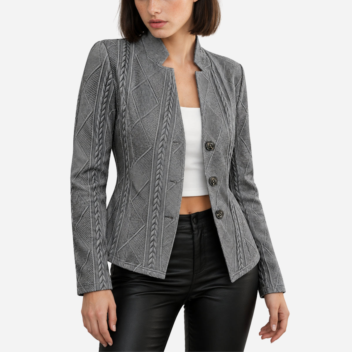Women’s Cable-Knit Single-Breasted Blazer Jacket-Fowsa