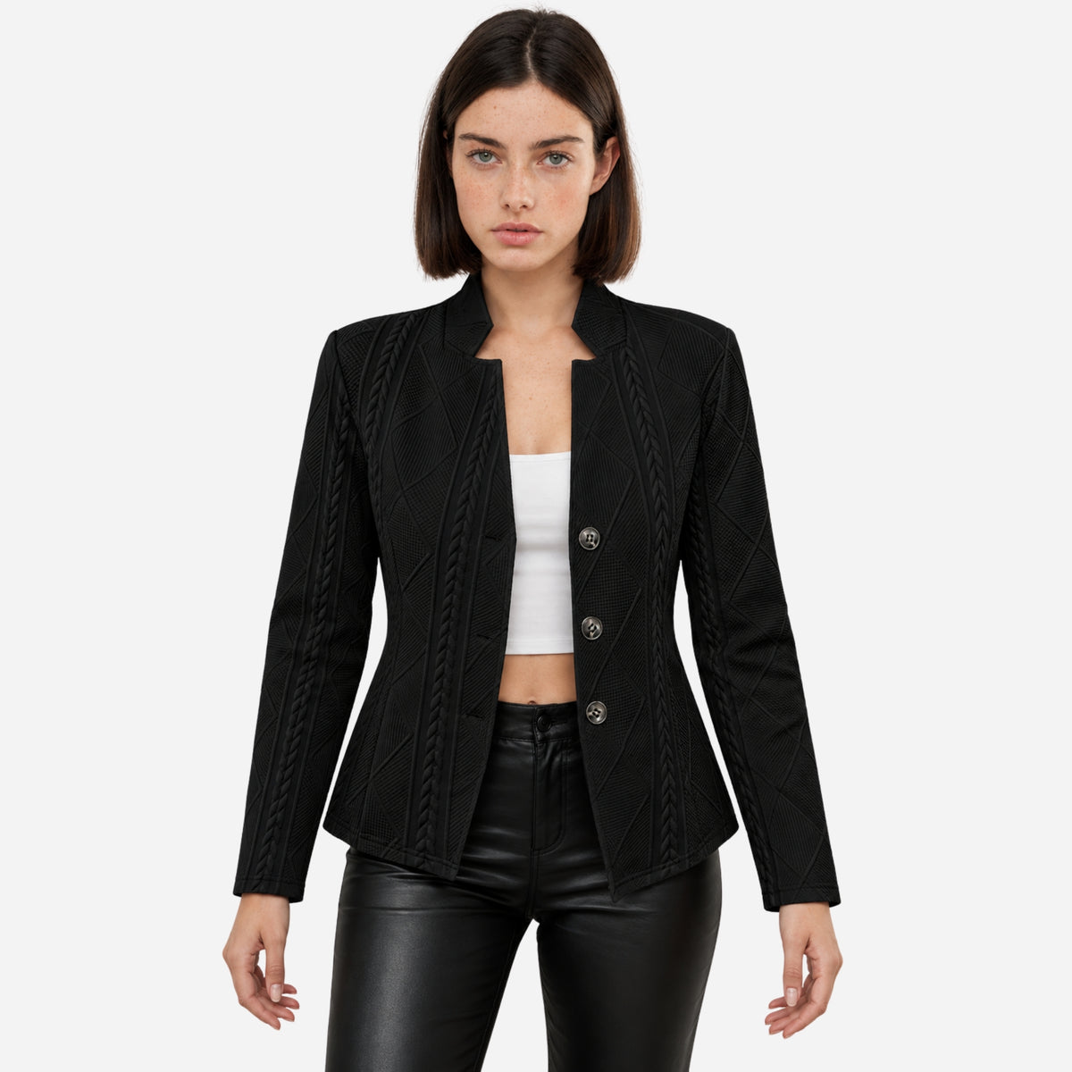 Women’s Cable-Knit Single-Breasted Blazer Jacket-Fowsa