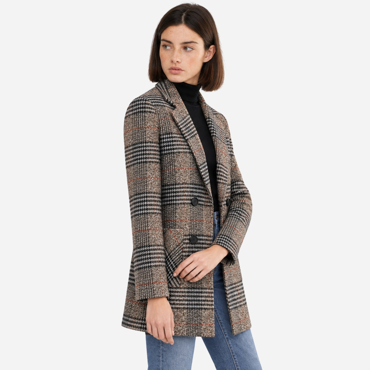 Women’s Checked Double-Breasted Longline Blazer-Fowsa