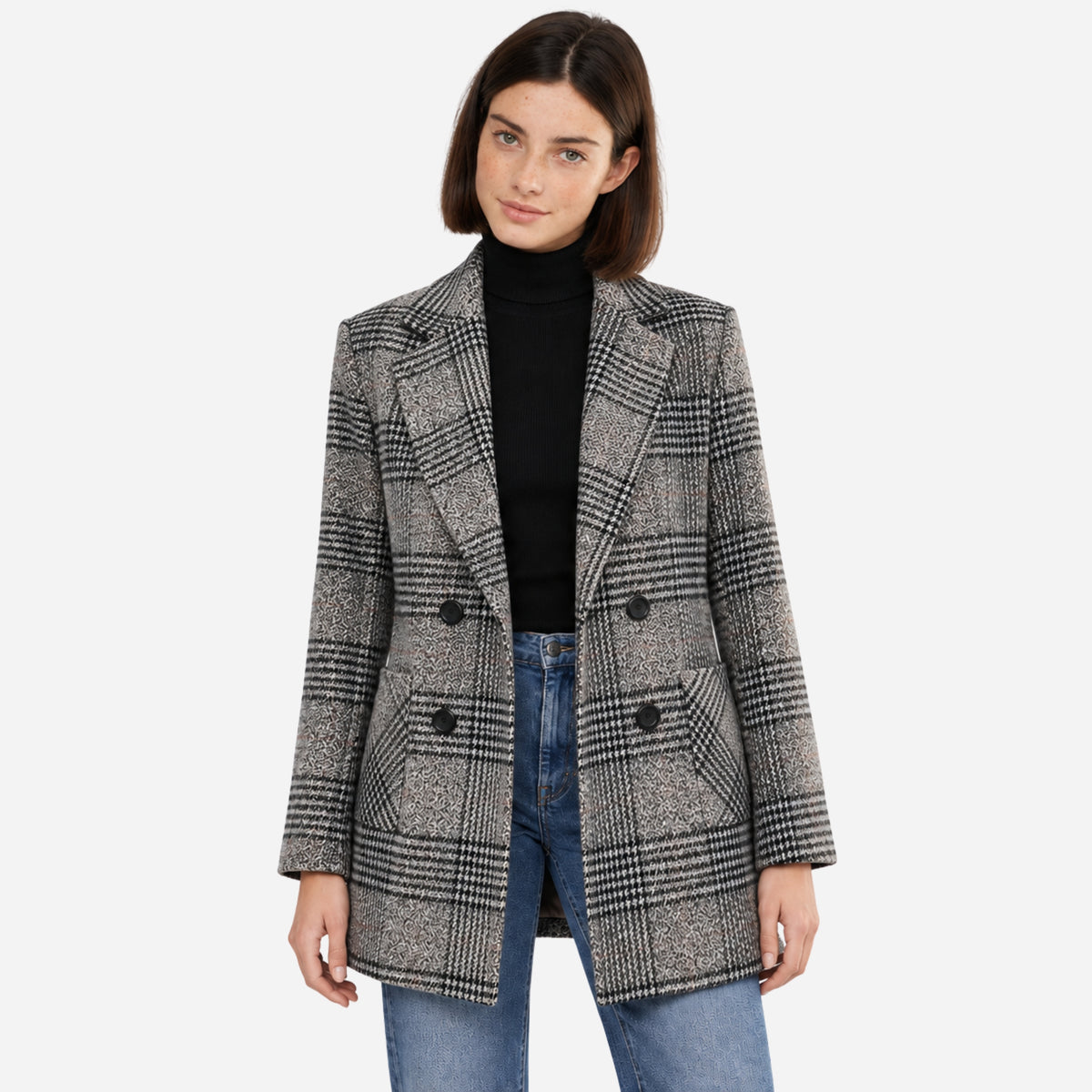 Women’s Checked Double-Breasted Longline Blazer-Fowsa