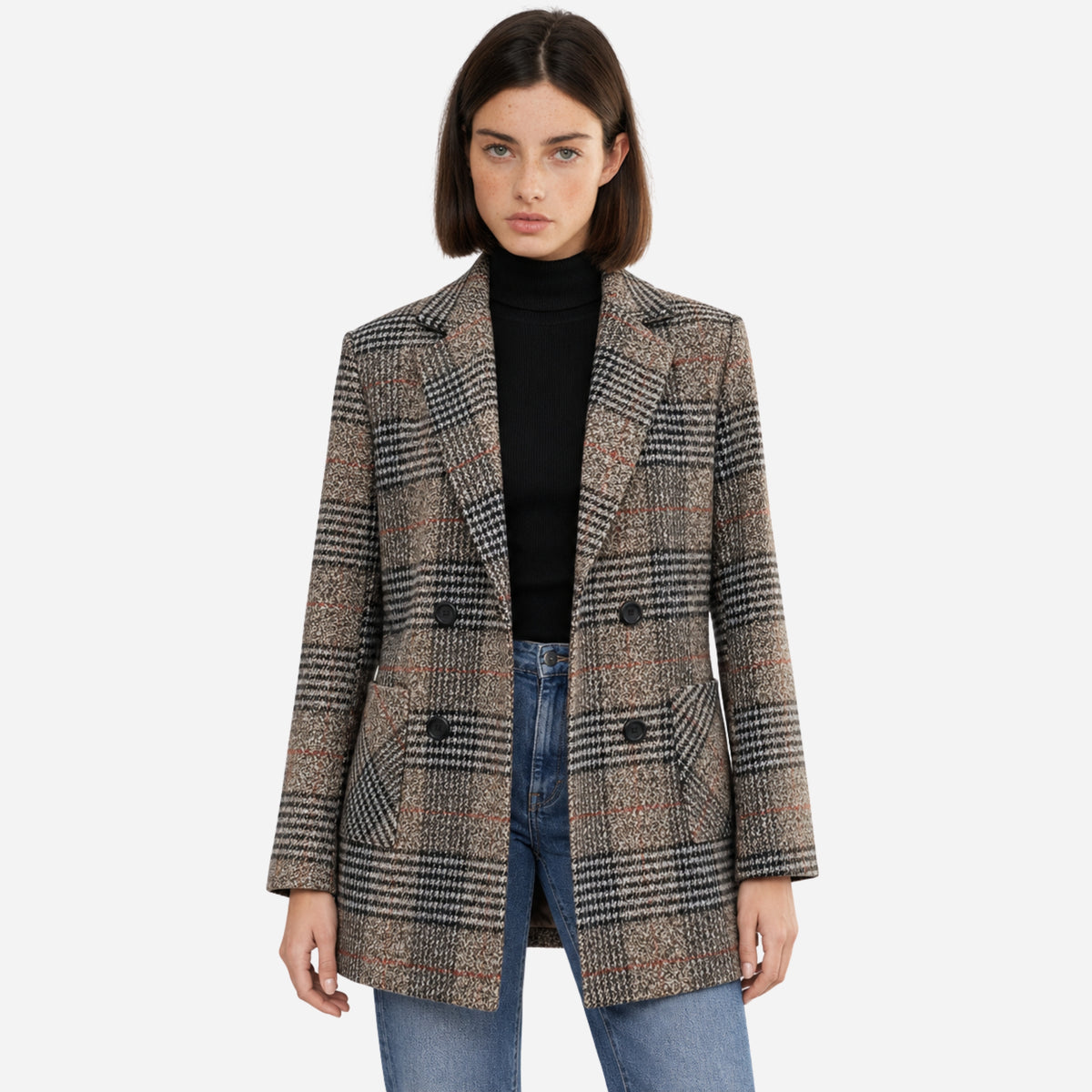 Women’s Checked Double-Breasted Longline Blazer-Fowsa