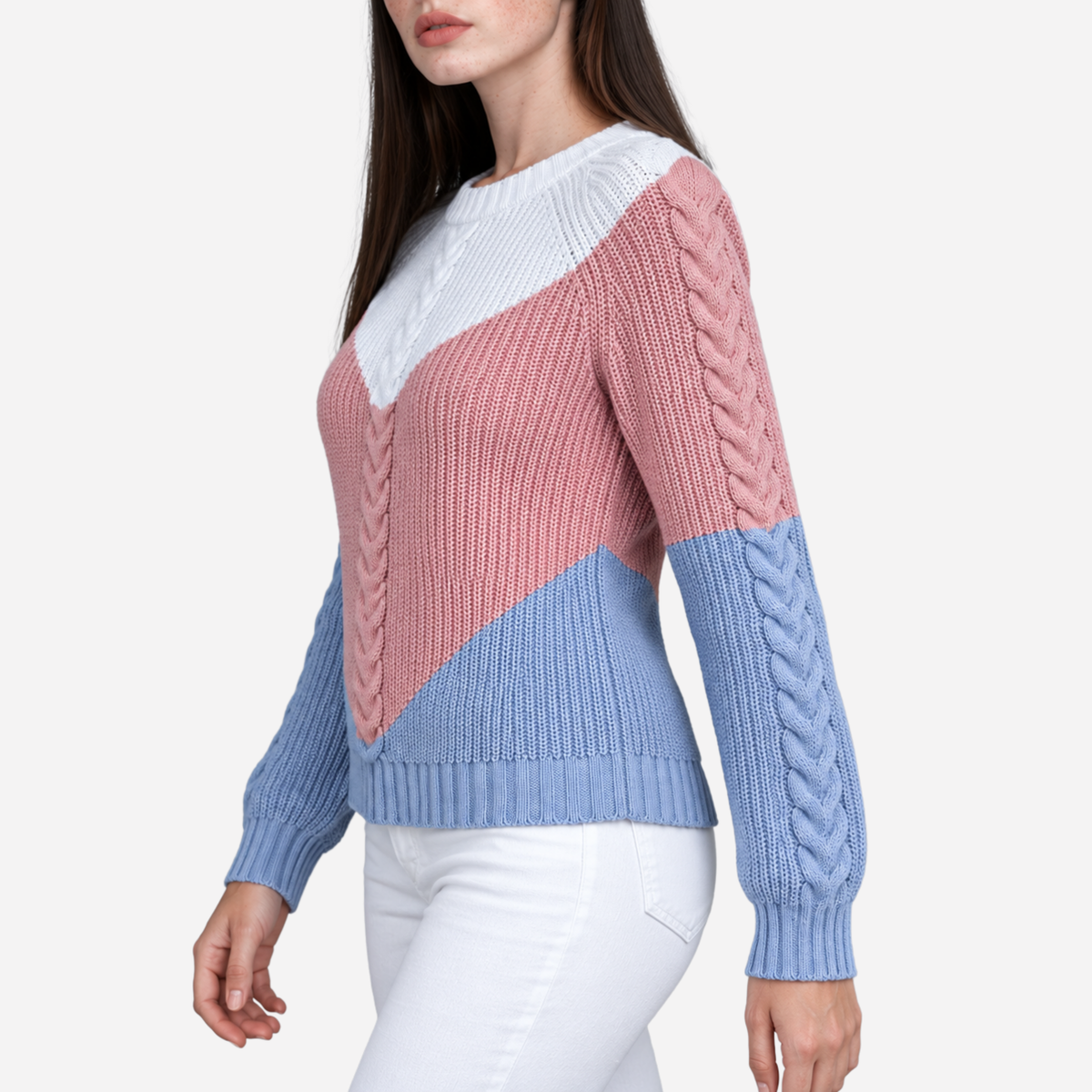 Women’s Chevron Colour-Block Cable-Knit Jumper-Fowsa