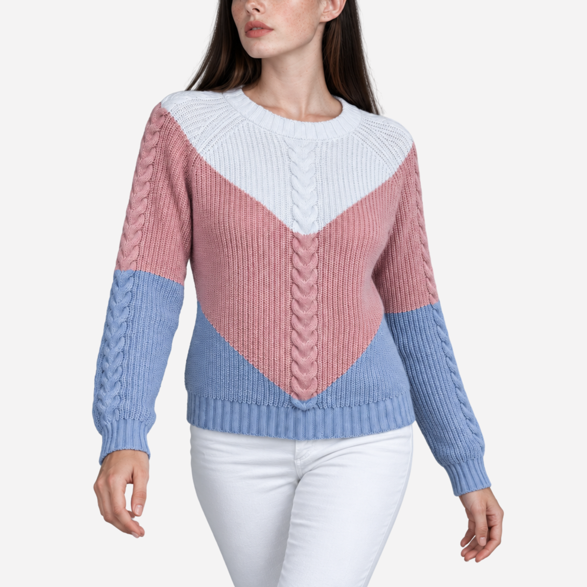 Women’s Chevron Colour-Block Cable-Knit Jumper-Fowsa