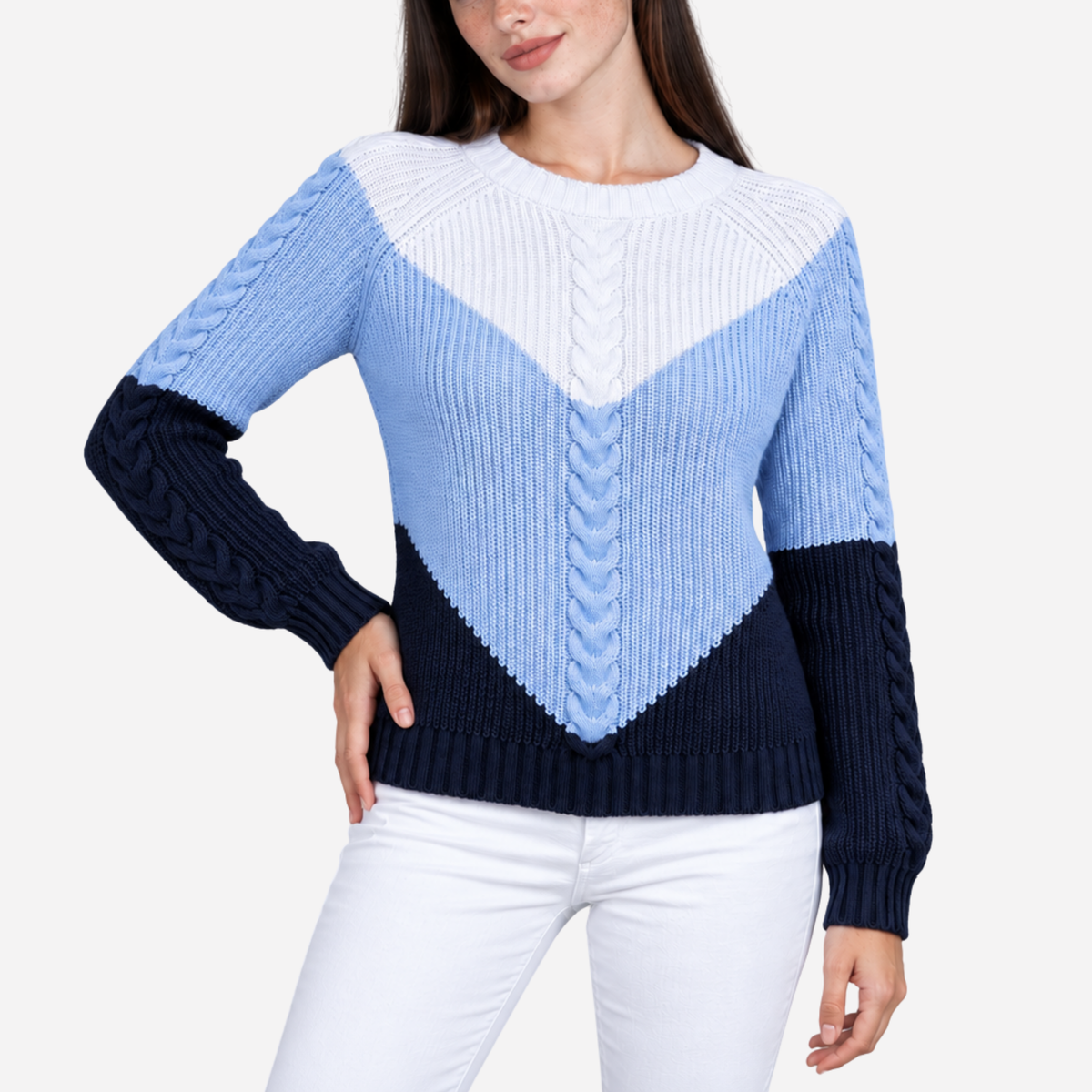 Women’s Chevron Colour-Block Cable-Knit Jumper-Fowsa