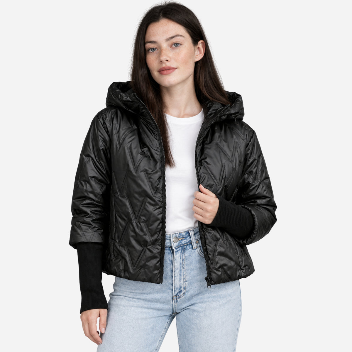 Women’s Chevron-Quilted Hooded Padded Jacket-Fowsa