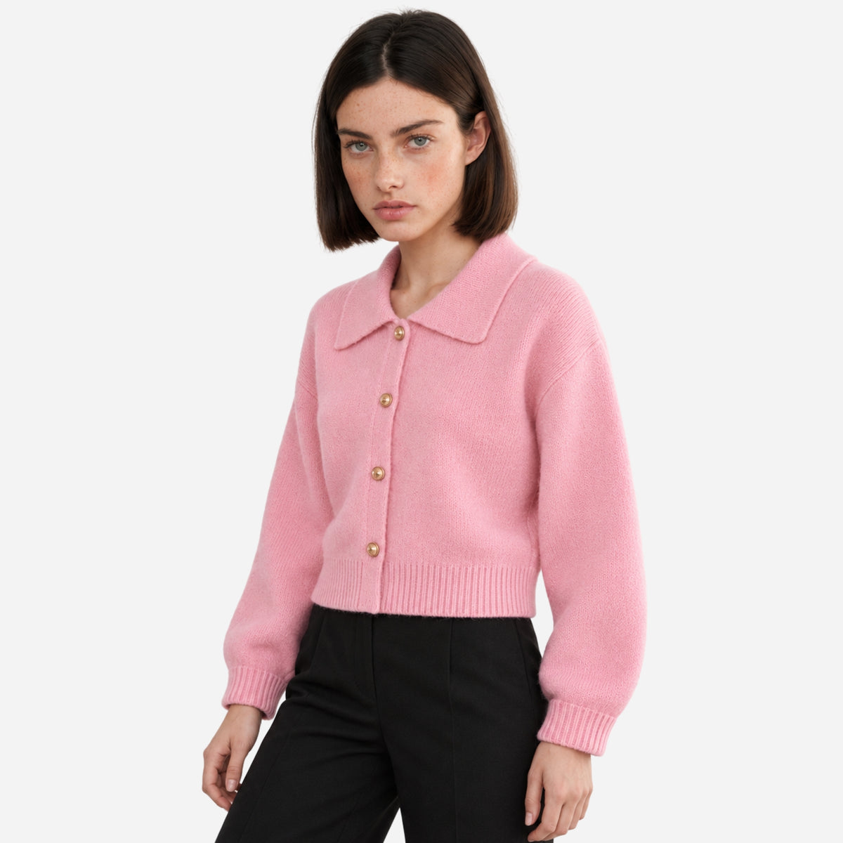 Women’s Collared Button-Front Cropped Cardigan Jumper-Fowsa