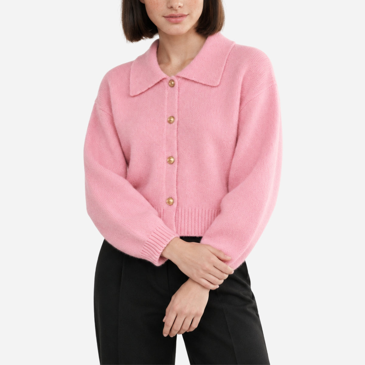 Women’s Collared Button-Front Cropped Cardigan Jumper-Fowsa
