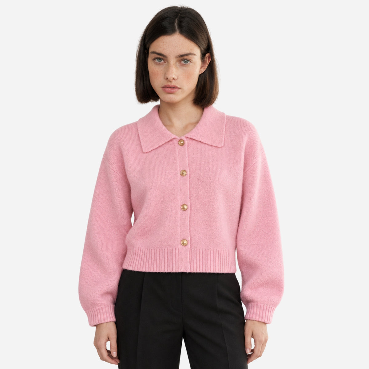 Women’s Collared Button-Front Cropped Cardigan Jumper-Fowsa