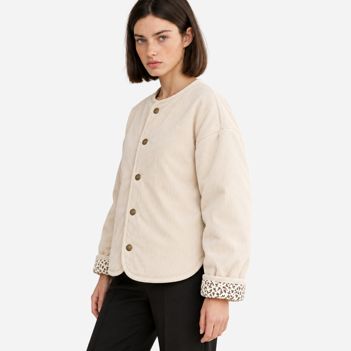 Women’s Collarless Corduroy Padded Jacket-Fowsa