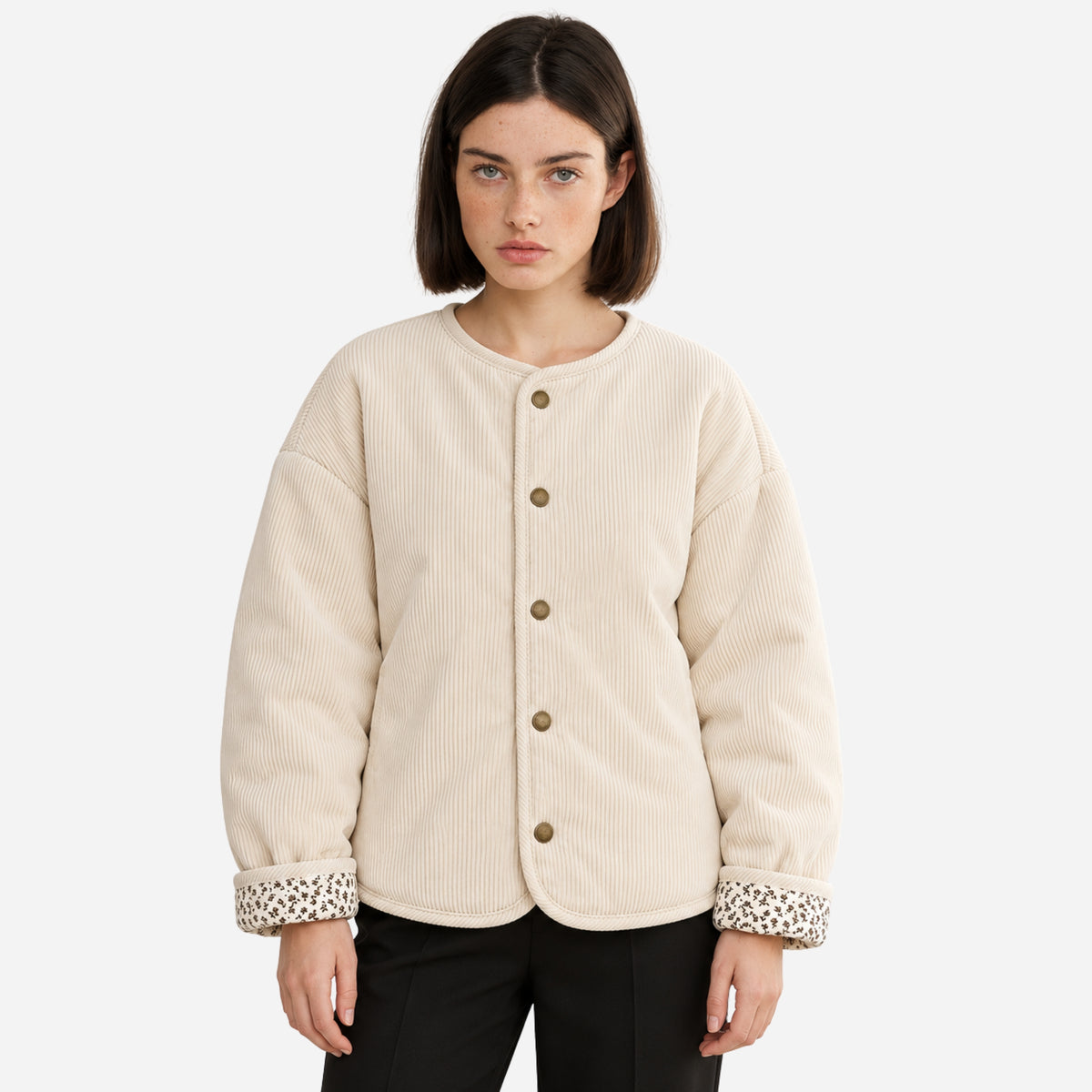 Women’s Collarless Corduroy Padded Jacket-Fowsa