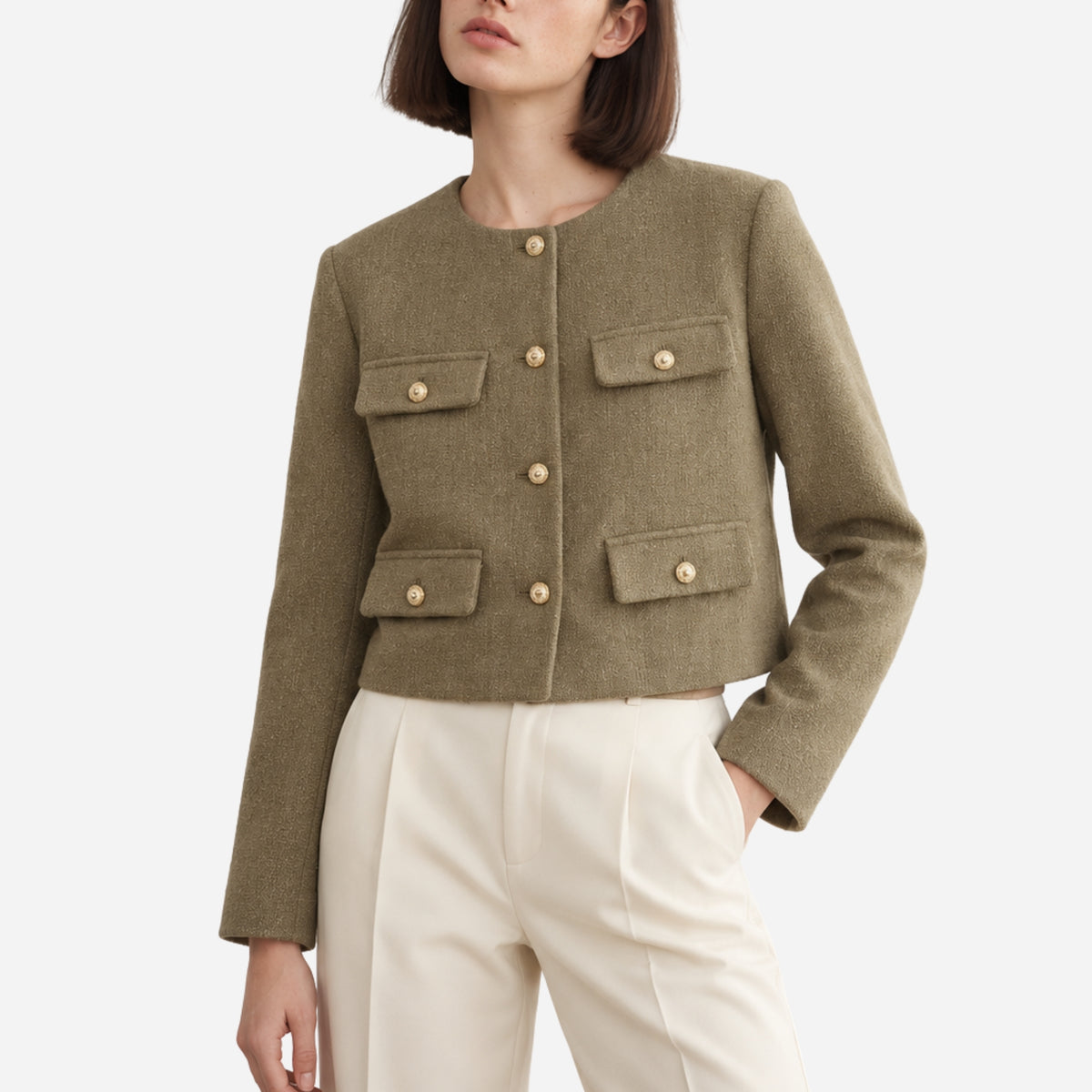 Women’s Collarless Multi-Pocket Short Blazer-Fowsa