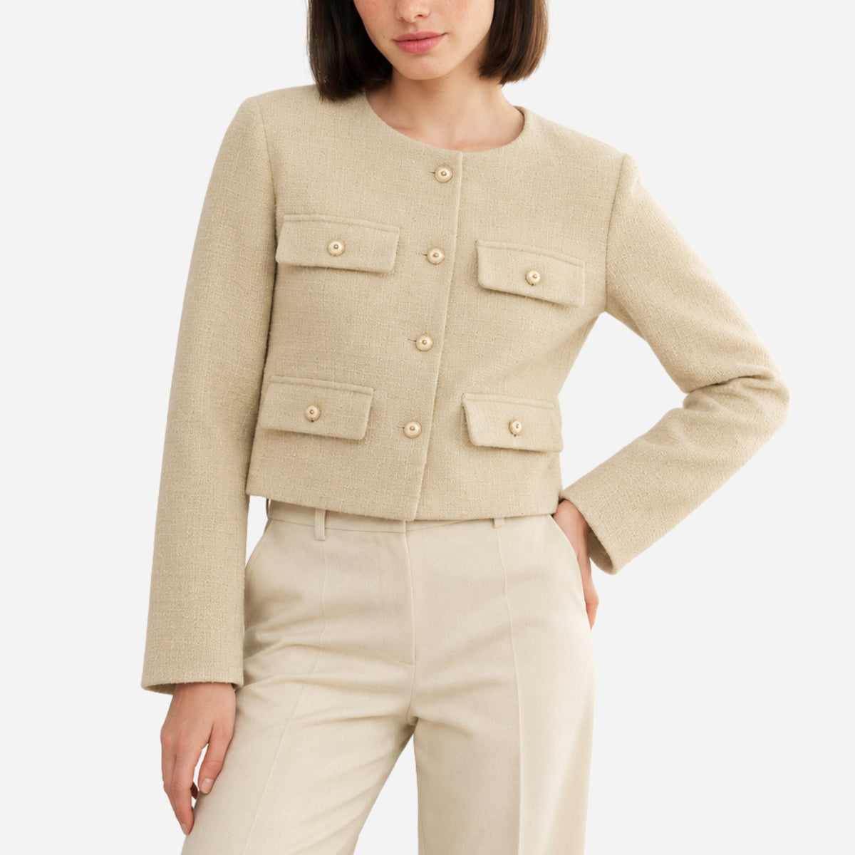 Women’s Collarless Multi-Pocket Short Blazer-Fowsa