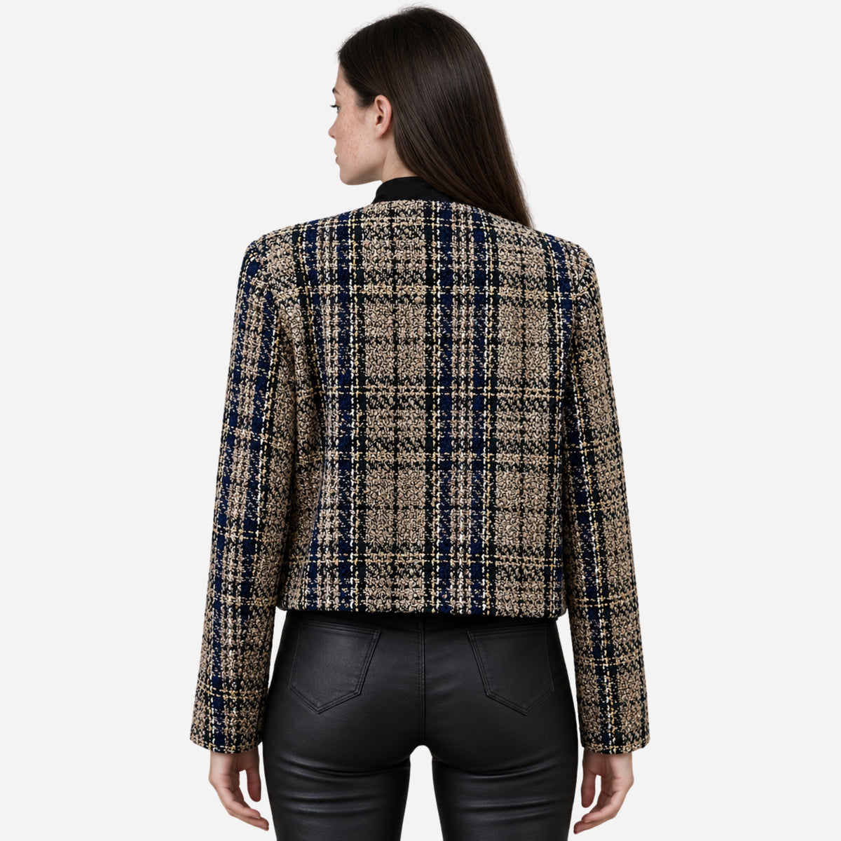 Women’s Collarless Textured Plaid Short Blazer-Fowsa