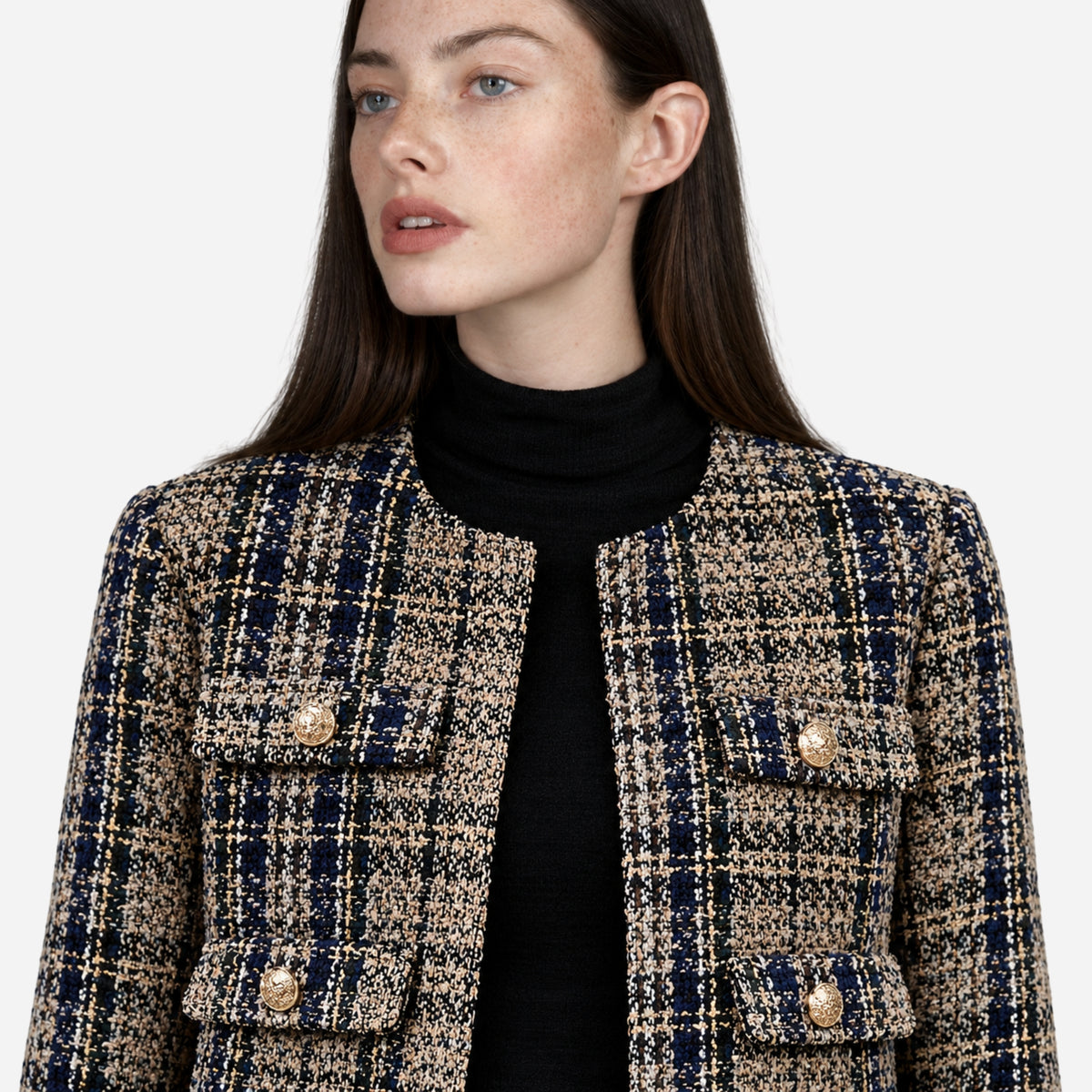 Women’s Collarless Textured Plaid Short Blazer-Fowsa
