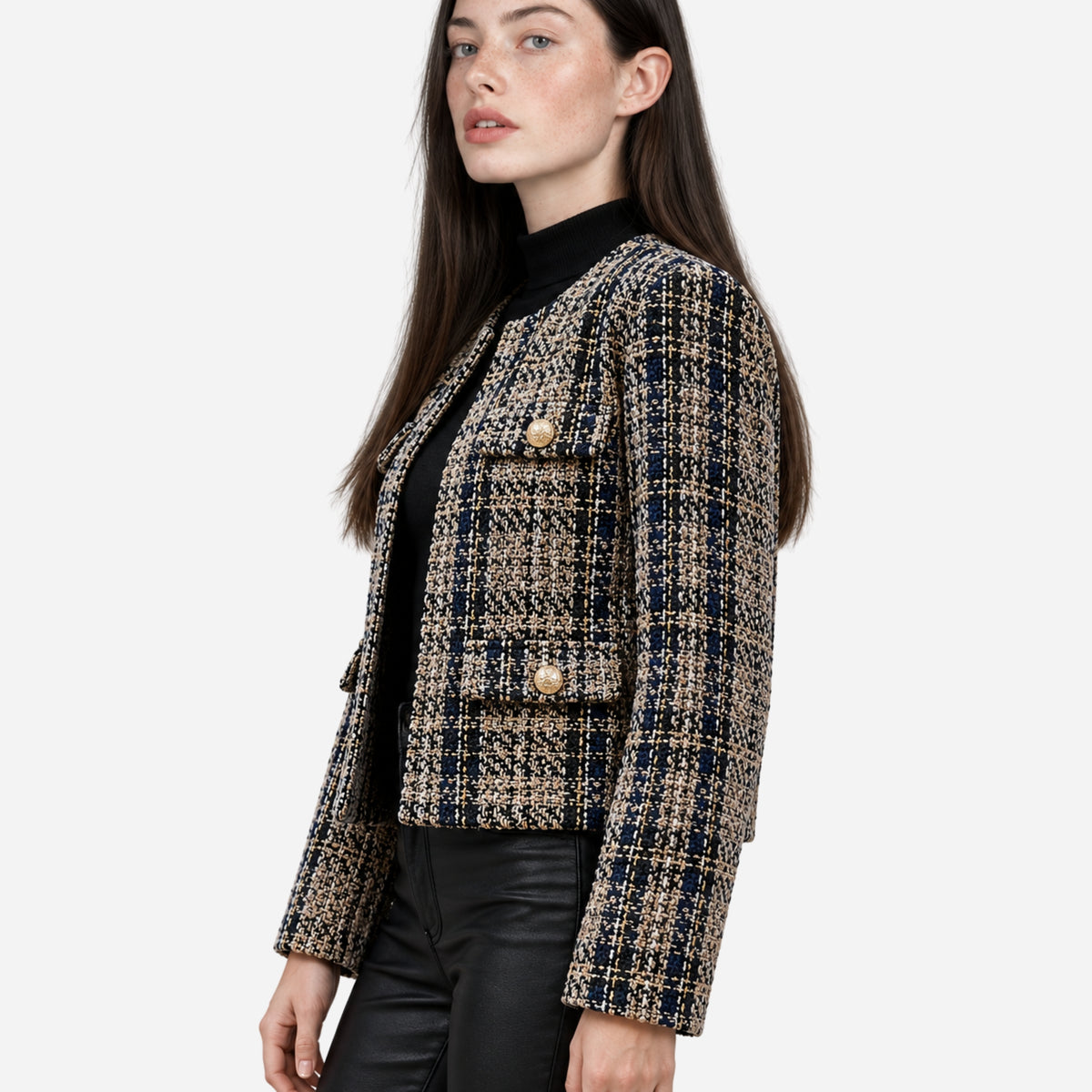 Women’s Collarless Textured Plaid Short Blazer-Fowsa