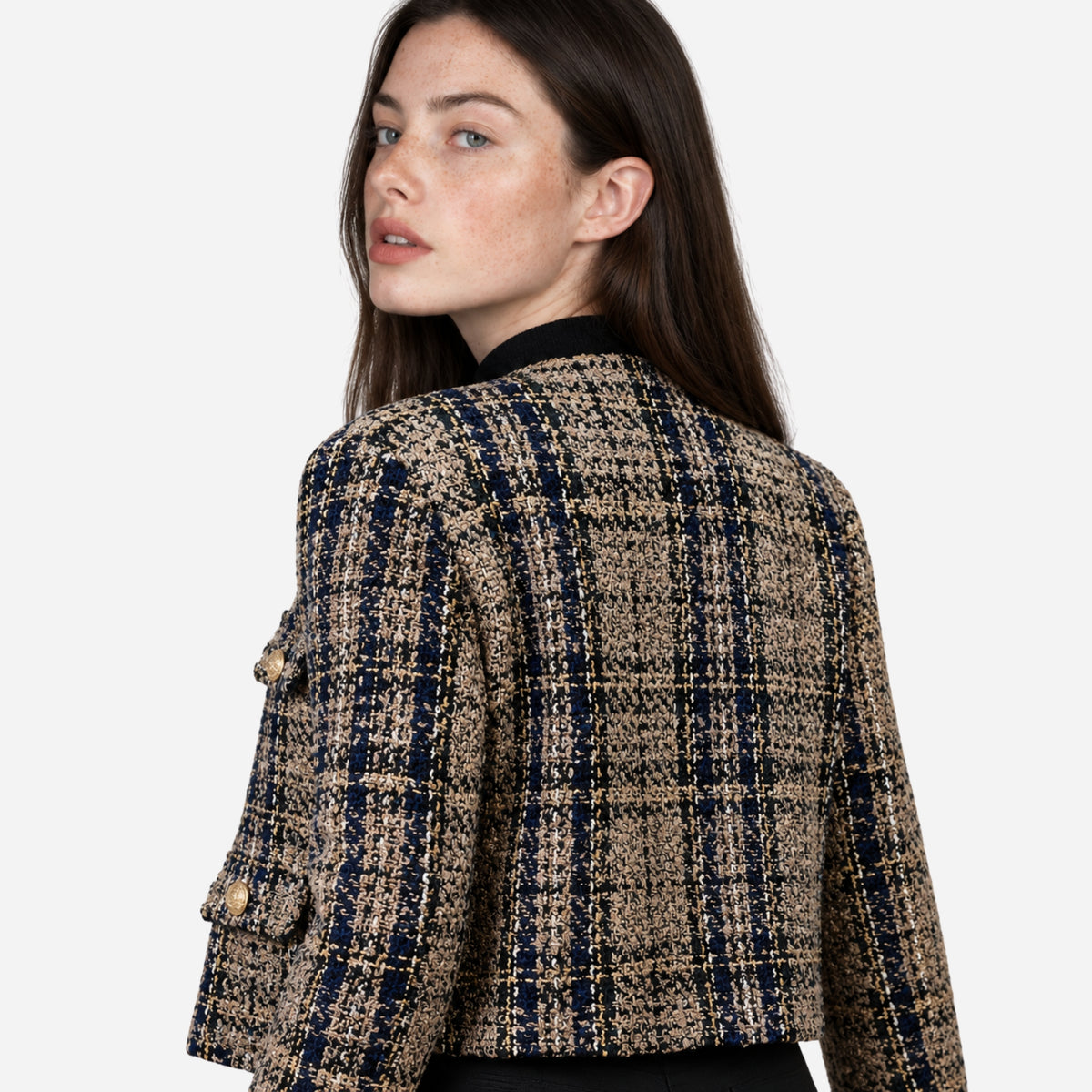 Women’s Collarless Textured Plaid Short Blazer-Fowsa