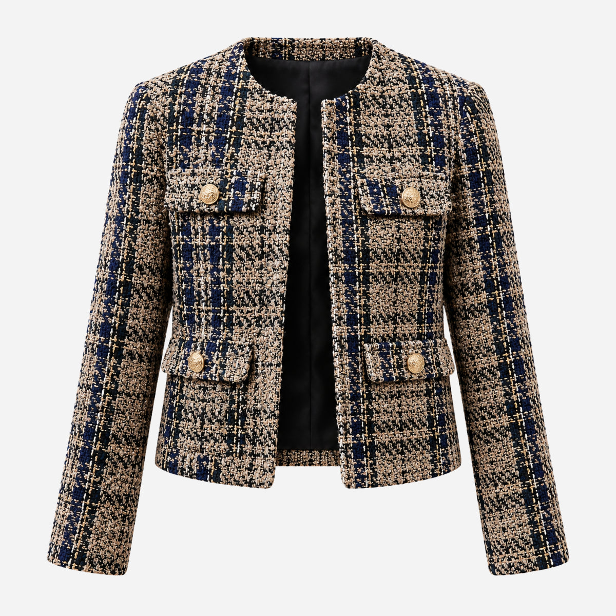 Women’s Collarless Textured Plaid Short Blazer-Fowsa